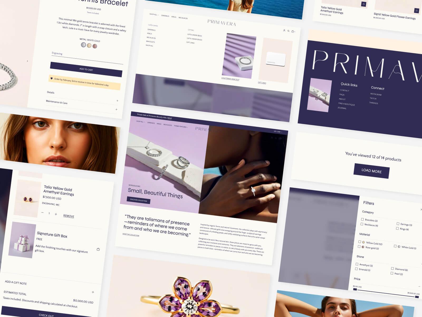 A collage of layouts from the Primavera demo store, a luxury jewelry store.