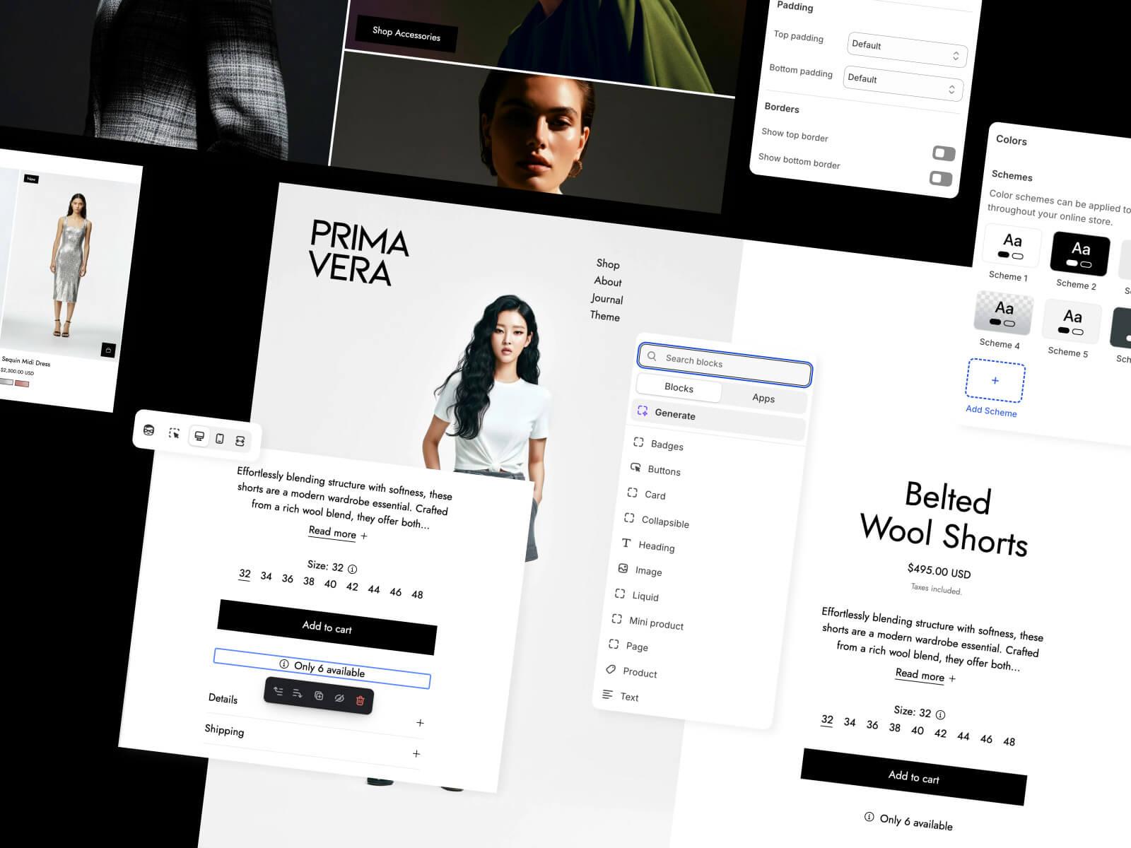 A collage of layouts from the Primavera demo store, a luxury jewelry store.