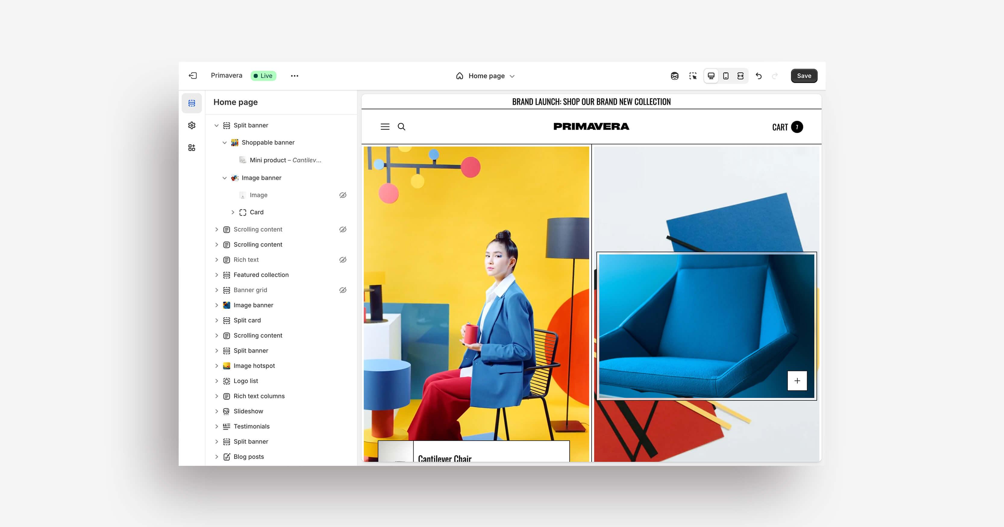 Shopify customizer with the Primavera Composition preset