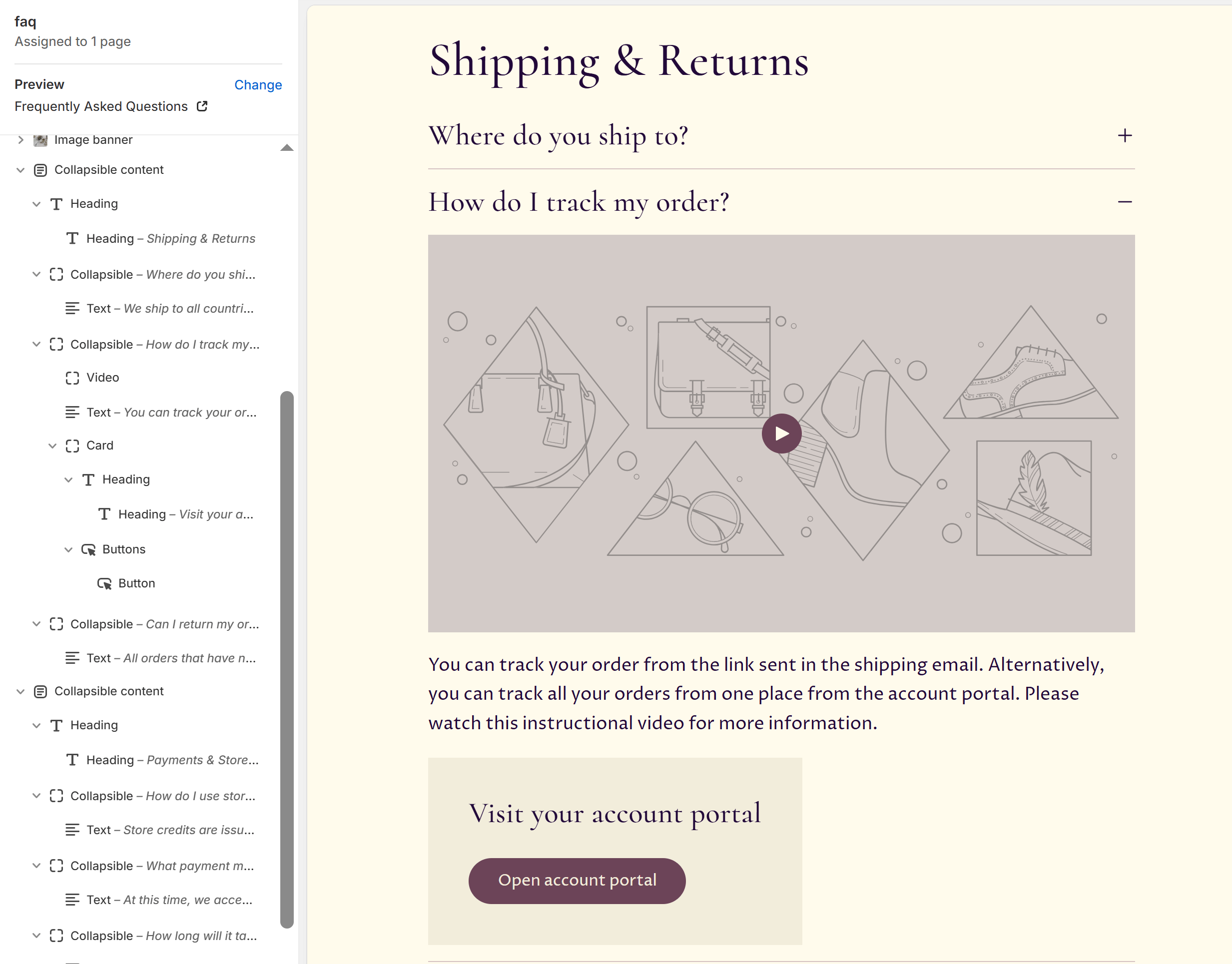 Primavera Theme&#x27;s collapsible section with other block types under it, including a video, text and a card.