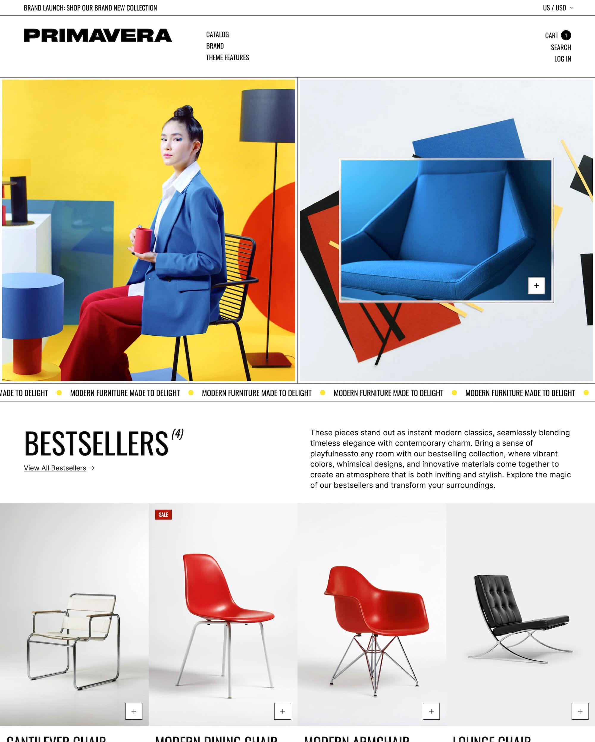 Composition, a furniture store with a bold, modern typeface and primary colors.
