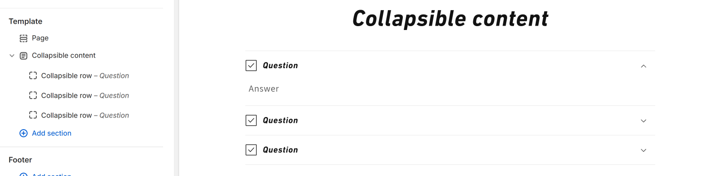 Dawn theme Collapsible Content section. There are several collapsible row blocks under it.