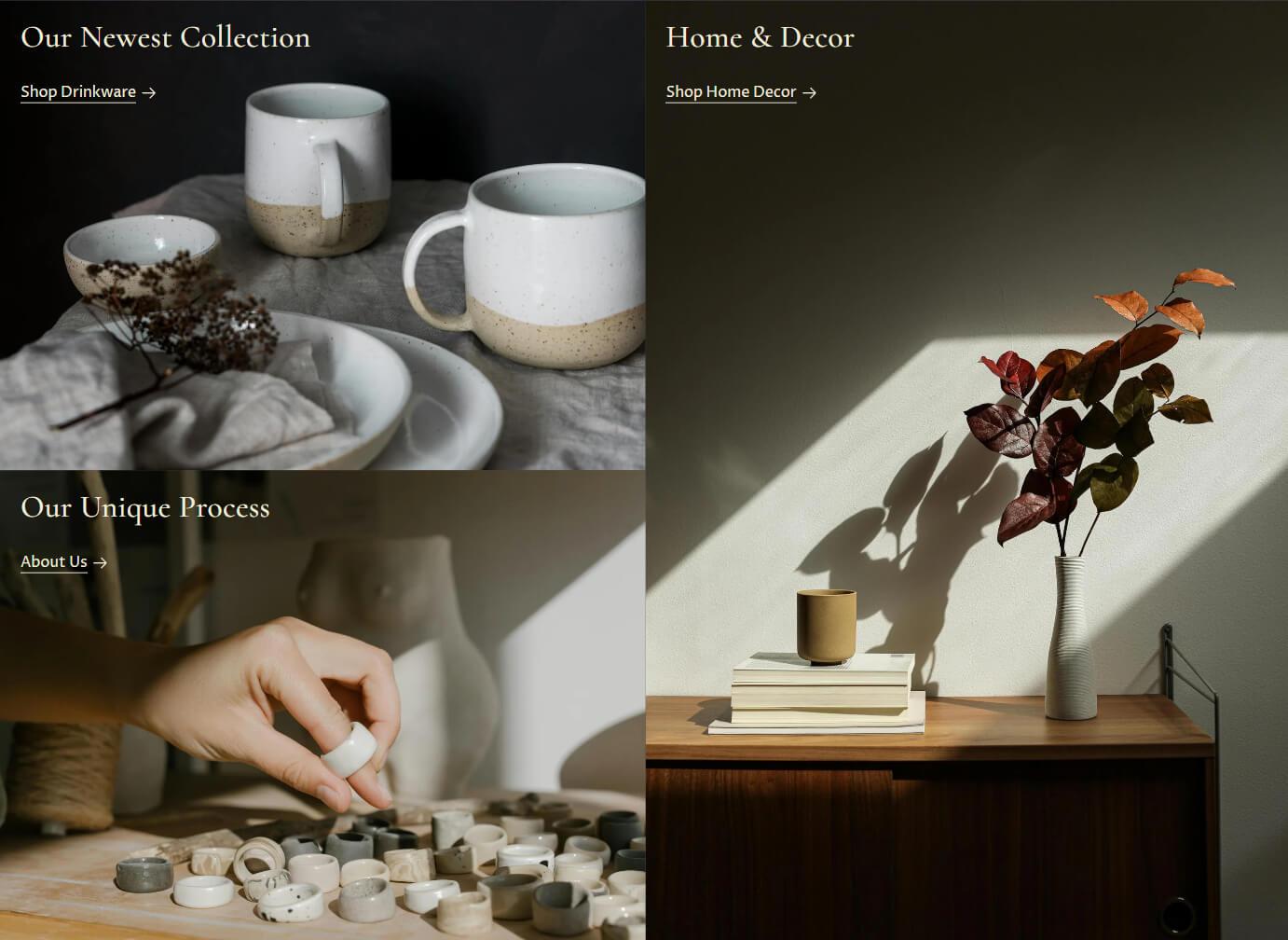 Banner grid section on a Primavera demo store, three photos of ceramics in an asymmetrical grid with moody, atmospheric lighting.