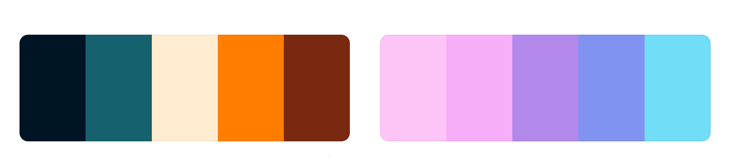 Two color palettes, on the left there is a stark palette with oranges and blues, on the right you have soft pinks, purples and blues.