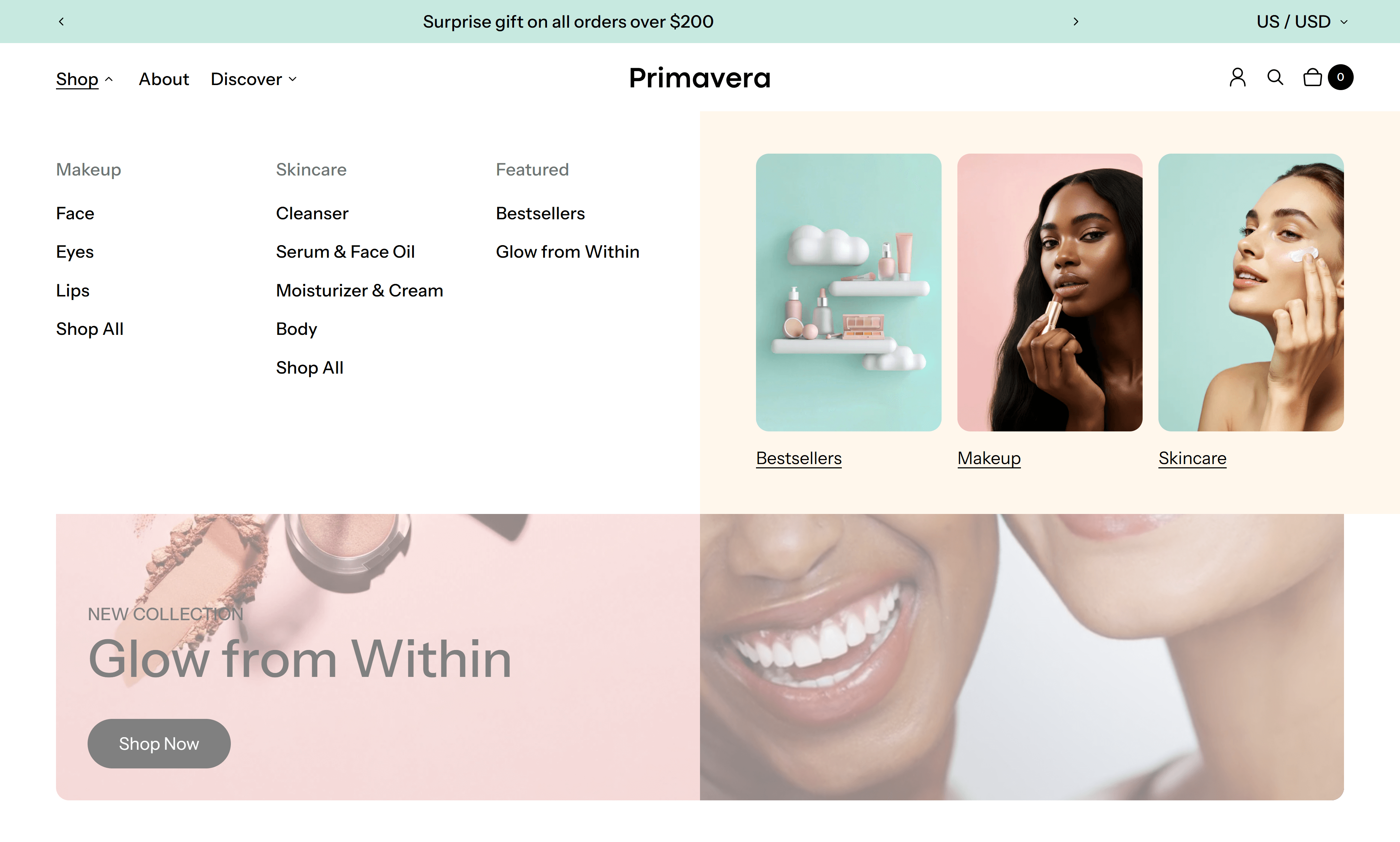 Primavera Gloss navigation megamenu, three parent links, Shop, About and Discover, with a nested menu underneath the Shop item featuring several subcategories for Makeup and Skincare.