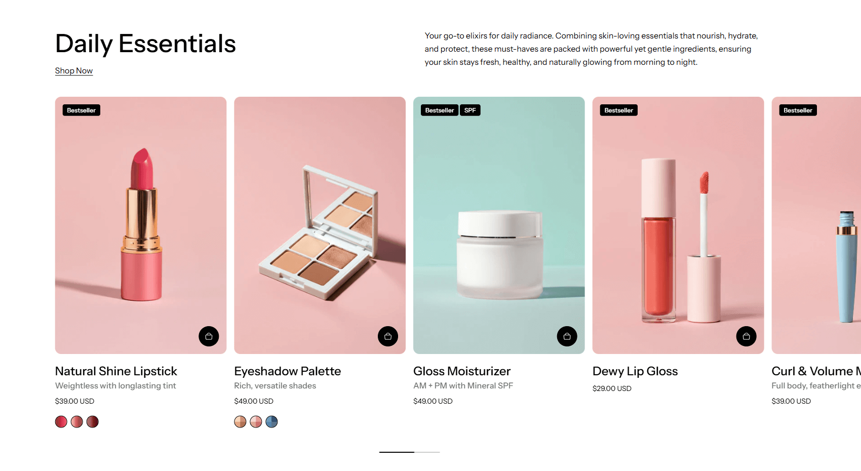 Primavera Gloss daily essentials product collection, with a header and several product cards
