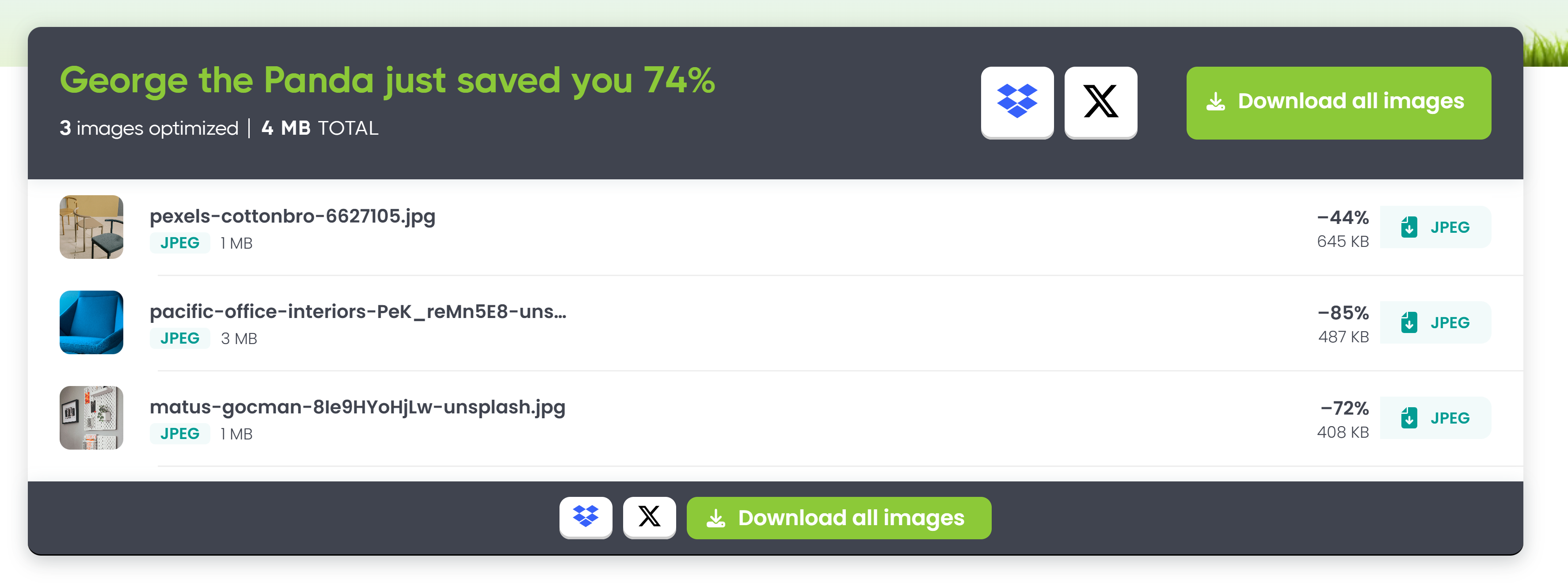 TinyPNG user interface, showing 3 files, the file size is reduced by 44%, 85% and 72% respectively.