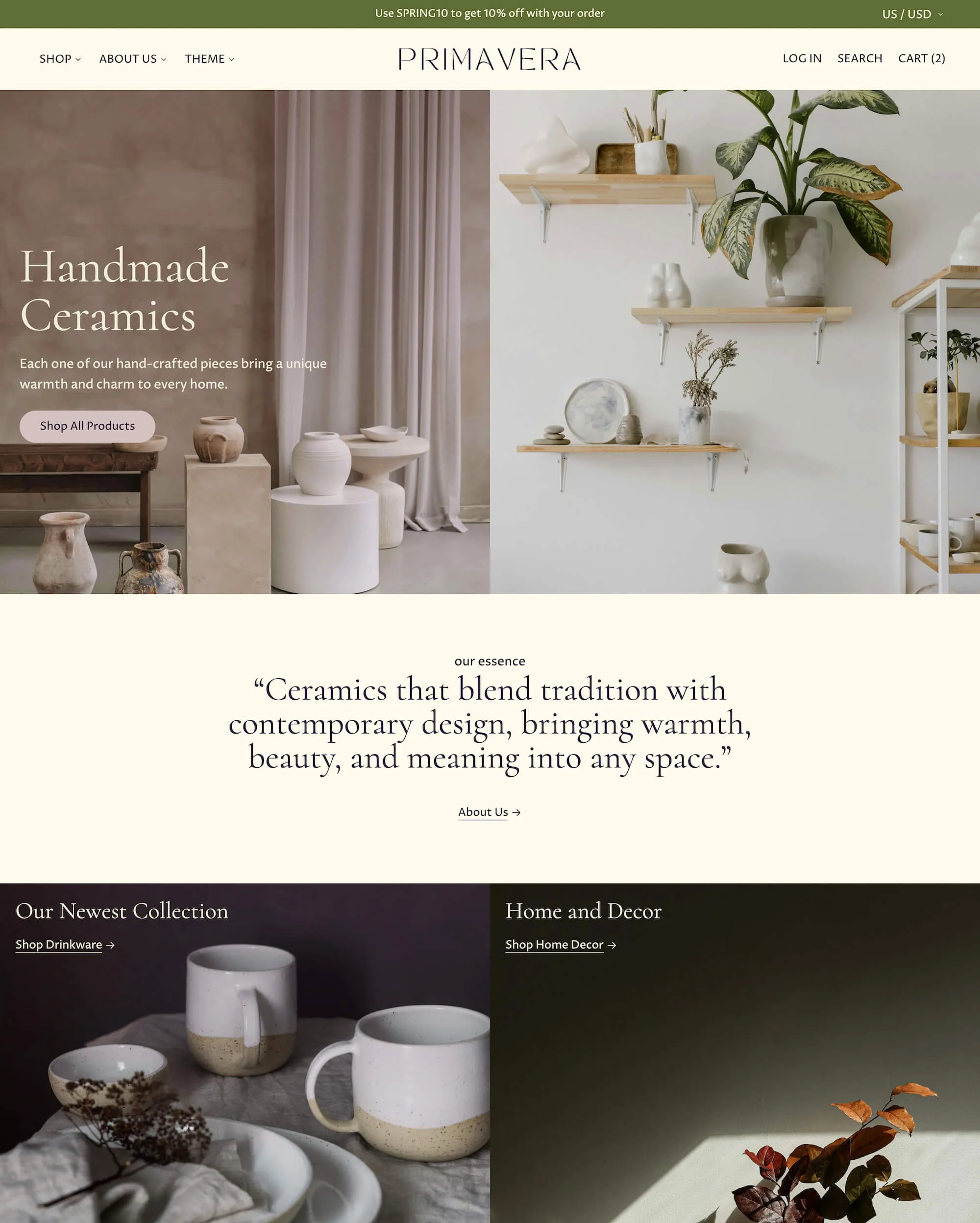 Artistry, a ceramics store with soft earth tones and elegant serif typography.