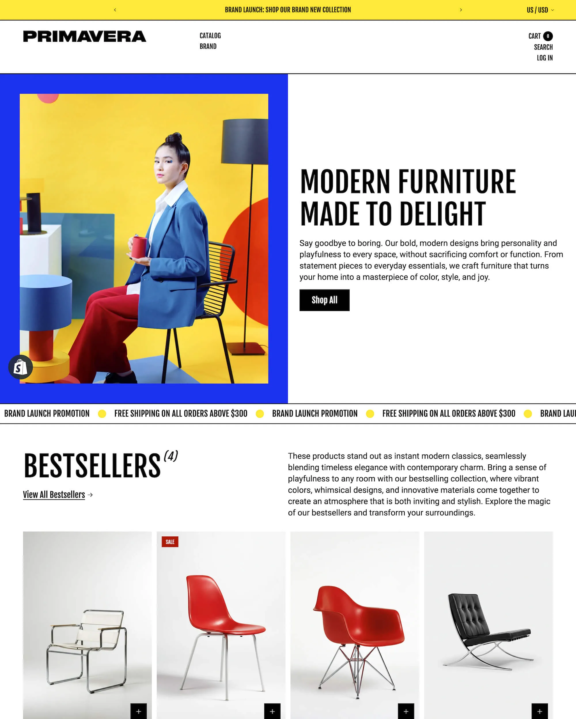 Composition, a furniture store with a bold, modern typeface and primary colors.