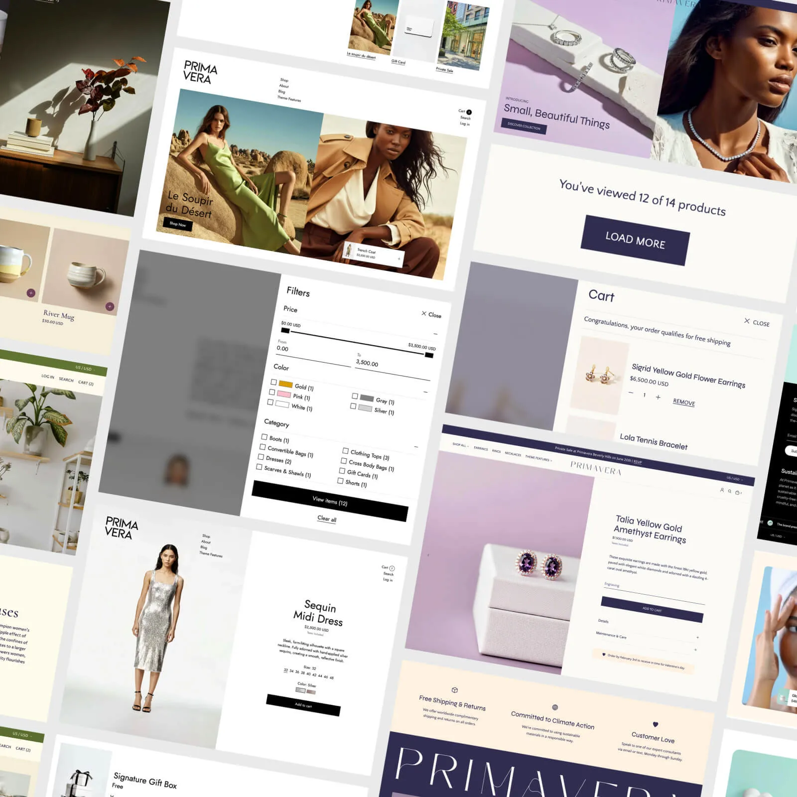 Collage of various mock-ups of the Shopify theme, demonstrating different color palettes and imagery